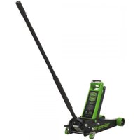 Green Sealey trolley jack, 4 tonne capacity, low profile, with long black handle and compact wheels.