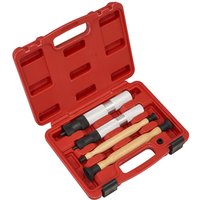 Red Sealey valve collet remover and installer set in a hard case with five tools, including black and silver components.