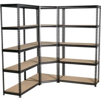 Black Sealey 5 Shelf Corner Racking Unit with metal frame and wooden shelves, designed for corner storage.