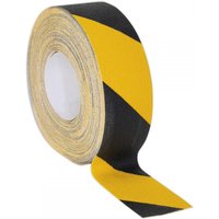 Black and yellow striped anti-slip tape roll, 50mm wide, 18m long, self-adhesive, by Sealey.
