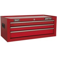 Red Sealey AP223 mid-box with three drawers, ball-bearing slides, black side handles, and branded labels.
