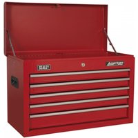 Red Sealey topchest with five drawers, ball-bearing slides, black side handles, and a hinged lid.