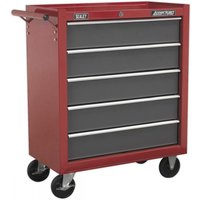 Red and grey Sealey rollcab with five drawers, ball-bearing slides, and four black caster wheels.