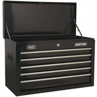 Black Sealey topchest with five drawers, ball-bearing slides, and metal handles, featuring a sleek rectangular design.