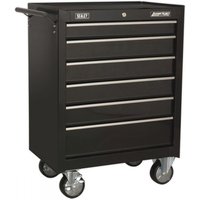 Black Sealey rollcab with six drawers, ball-bearing slides, sturdy wheels, and side handle.