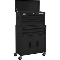 Black Sealey tool chest with six drawers, ball-bearing slides, and rolling cabinet on four caster wheels.