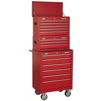 Red Sealey tool chest stack with 14 drawers, topchest, mid-box, and rollcab on wheels.