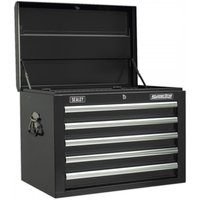 Black Sealey topchest with five drawers, ball-bearing slides, and silver handles.