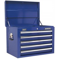 Blue Sealey topchest with five drawers, ball-bearing slides, chrome handles, and side carry handles.