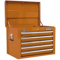 Orange Sealey topchest with 5 drawers, ball-bearing slides, and chrome handles, lid open showing storage space.