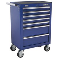 Blue Sealey rollcab with seven drawers, ball-bearing slides, and swivel casters.