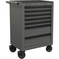Sealey grey rollcab with 7 drawers, ball-bearing slides, black top, side handle, and four large caster wheels.