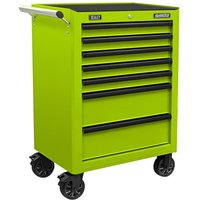 Green and black Sealey rollcab with 7 drawers, ball-bearing slides, and sturdy caster wheels.