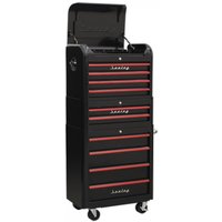 Black Sealey tool chest combo with 10 drawers, red anodised pulls, and caster wheels.