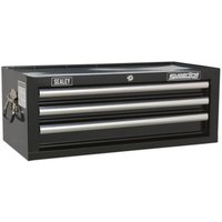 Black Sealey mid-box with three drawers, ball-bearing slides, and silver handles, includes lock and keys.
