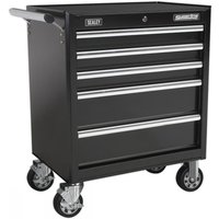 Black Sealey rollcab with 5 drawers, ball-bearing slides, side handle, and swivel casters.