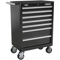 Black Sealey 7-drawer rollcab with ball-bearing slides, silver handles, and four caster wheels.