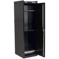 Black Sealey hang-on locker with open door, three shelves, and a sleek vertical handle.