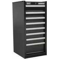 Black Sealey 8-drawer chest with ball-bearing slides, silver handles, and a sleek rectangular design.