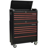 Black Sealey tool chest with red anodised drawer pulls, 10 drawers, wide topchest, rollcab, and swivel casters.