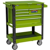 Hi-Vis green Sealey tool trolley with 5 drawers, lockable top, and sturdy wheels.
