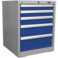 Gray and blue Sealey industrial cabinet with five drawers and metal handles.
