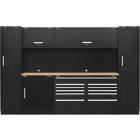 Black Sealey storage system with pressed wood worktop, tall cabinets, drawers, and overhead compartments.