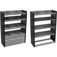 Black and gray modular van storage system with three shelves and perforated side panels, two units side by side.