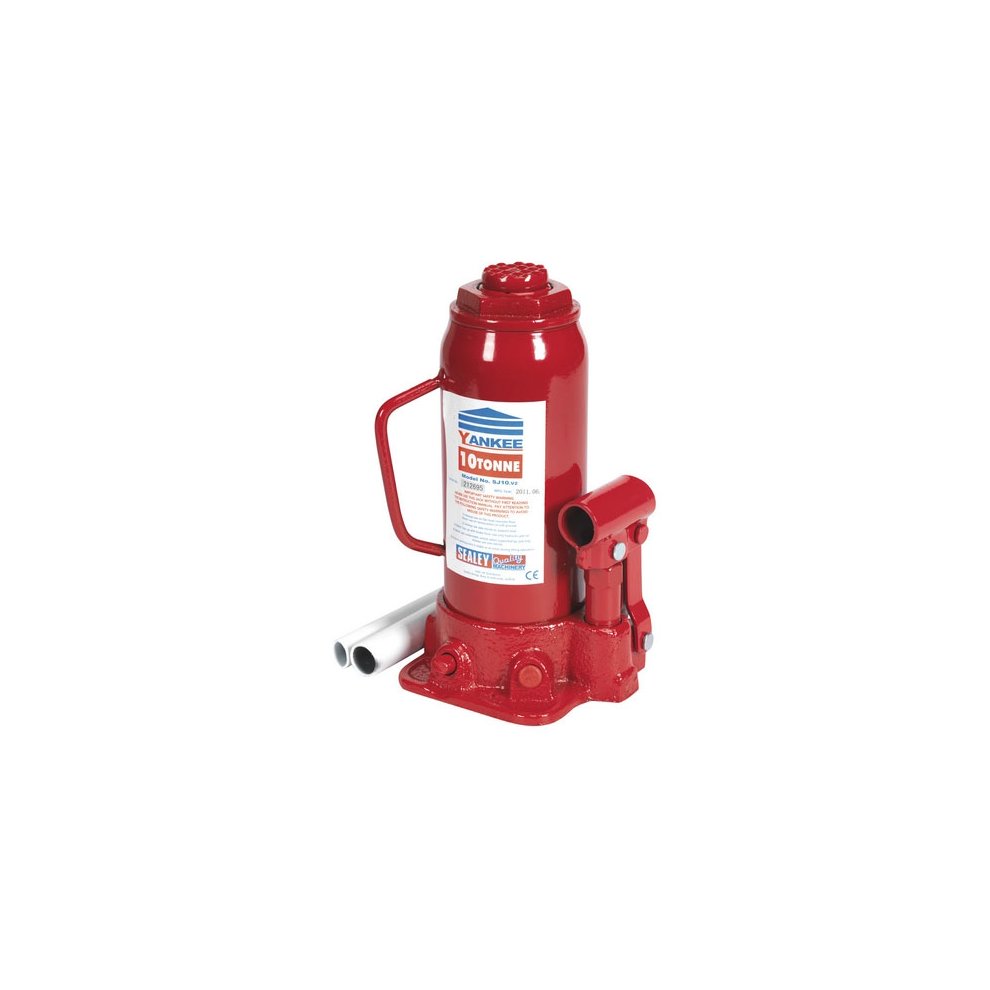 Red steel bottle jack with a 10-ton capacity, featuring a sturdy handle, a release valve, and a label indicating "Yankee" branding, designed for lifting heavy loads.