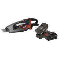Sealey cordless handheld vacuum cleaner, black and red, with transparent dust container, two batteries, and charger.