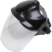 Black and clear Sealey Deluxe face shield with contoured visor and adjustable headband.