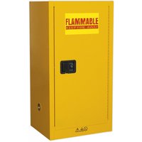 Yellow Sealey flammables storage cabinet with black handle and warning label, dimensions 585x460x1120mm.