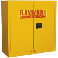 Yellow Sealey flammables storage cabinet with black handle and red warning text "FLAMMABLE KEEP FIRE AWAY" on doors.