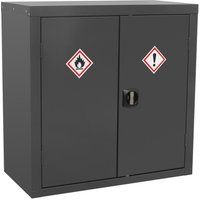 Gray Sealey COSHH cabinet, 900x460x900mm, with two doors, hazard symbols, and central lock.