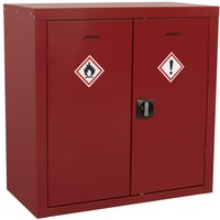 Red Sealey pesticide cabinet with hazard symbols, double doors, and black handle, 900x460x900mm.