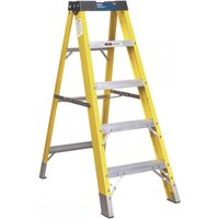 Yellow Sealey FSL5 fibreglass step ladder with four treads and metal braces.