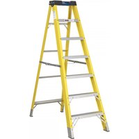 Yellow Sealey fibreglass step ladder with six treads and black top, sturdy aluminum braces, and non-slip feet.