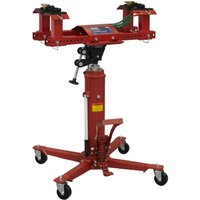 Red Sealey fuel tank cradle and 800Kg transmission jack with adjustable height and swivel casters.
