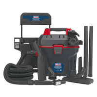 Sealey Garage Vacuum 1500W, black and red, wall-mounted with hose, attachments, and remote control.
