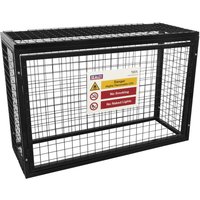 Black metal safety cage for 4 x 19kg gas cylinders with mesh sides and warning sign on the front panel.