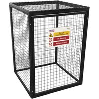 Black metal safety cage for 4 gas cylinders, mesh sides, and warning sign on the front panel.