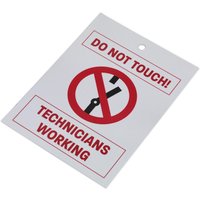 White Sealey keyring warning tag with red "Do Not Touch" and "Technicians Working" text, crossed wrench symbol.