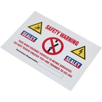 Sealey Hybrid Electric Vehicle Warning Sign with red text, caution symbols, and space for technician information.