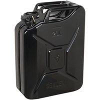 Black Sealey metal jerry can with 20L capacity, secure cap, and embossed brand logo.