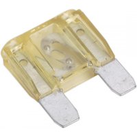 Yellow Sealey automotive maxi blade fuse 20A with two metal prongs, transparent casing, pack of 10.