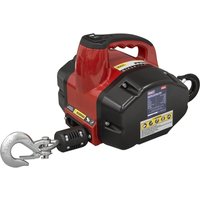 Red and black Sealey handheld electric winch with hook, carrying handle, and control panel.