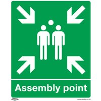 Green Sealey rigid plastic sign with white arrows, figures, and "Assembly Point" text.