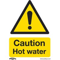 Yellow Sealey rigid plastic sign with black triangle and exclamation mark, text "Caution Hot Water" below.
