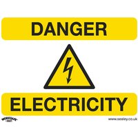 Yellow Sealey rigid plastic sign with black "Danger Electricity" text and lightning bolt symbol, pack of 10.
