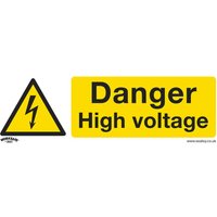 Yellow Sealey rigid plastic sign with black triangle and lightning bolt, reads "Danger High Voltage" in bold black text.